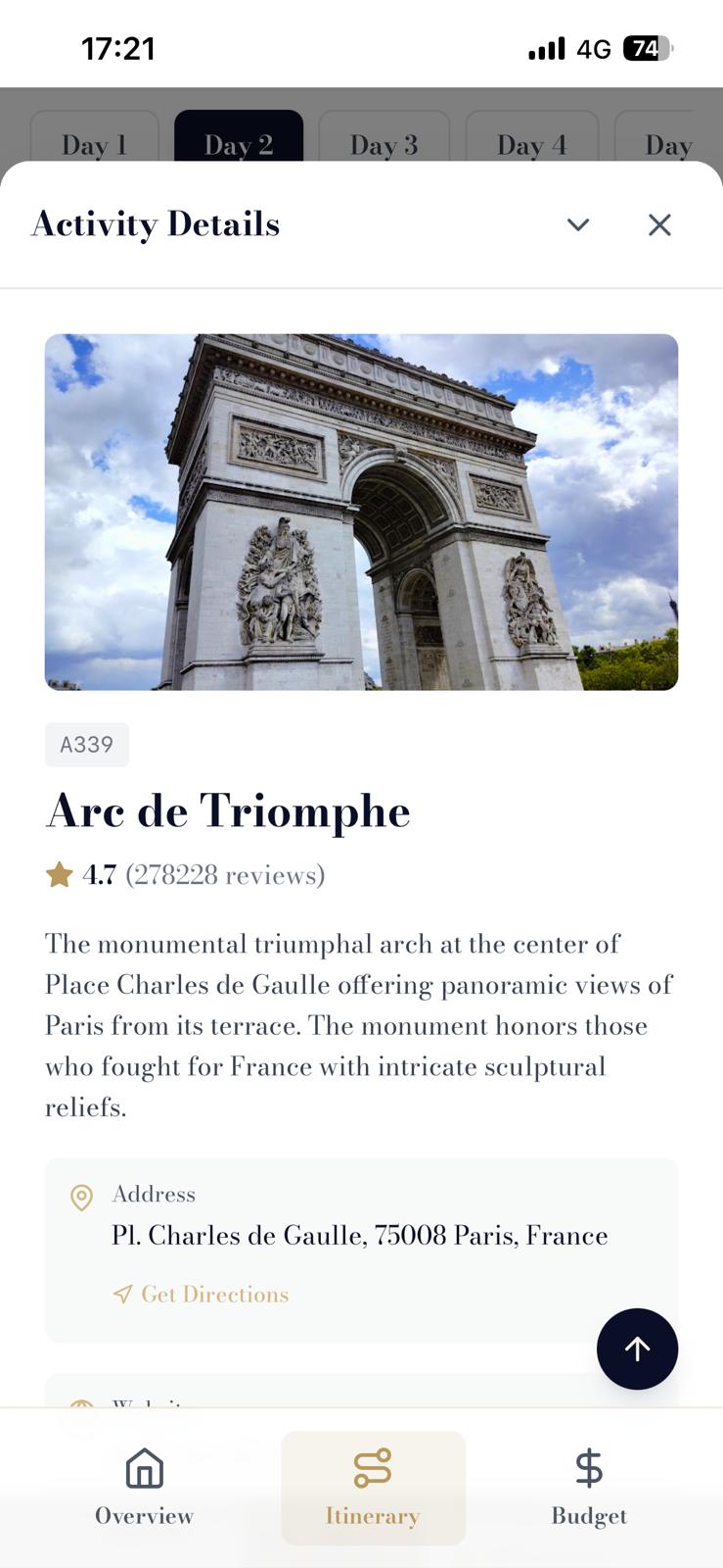 Chic Trip mobile app showing interactive daily itinerary with activities and timing