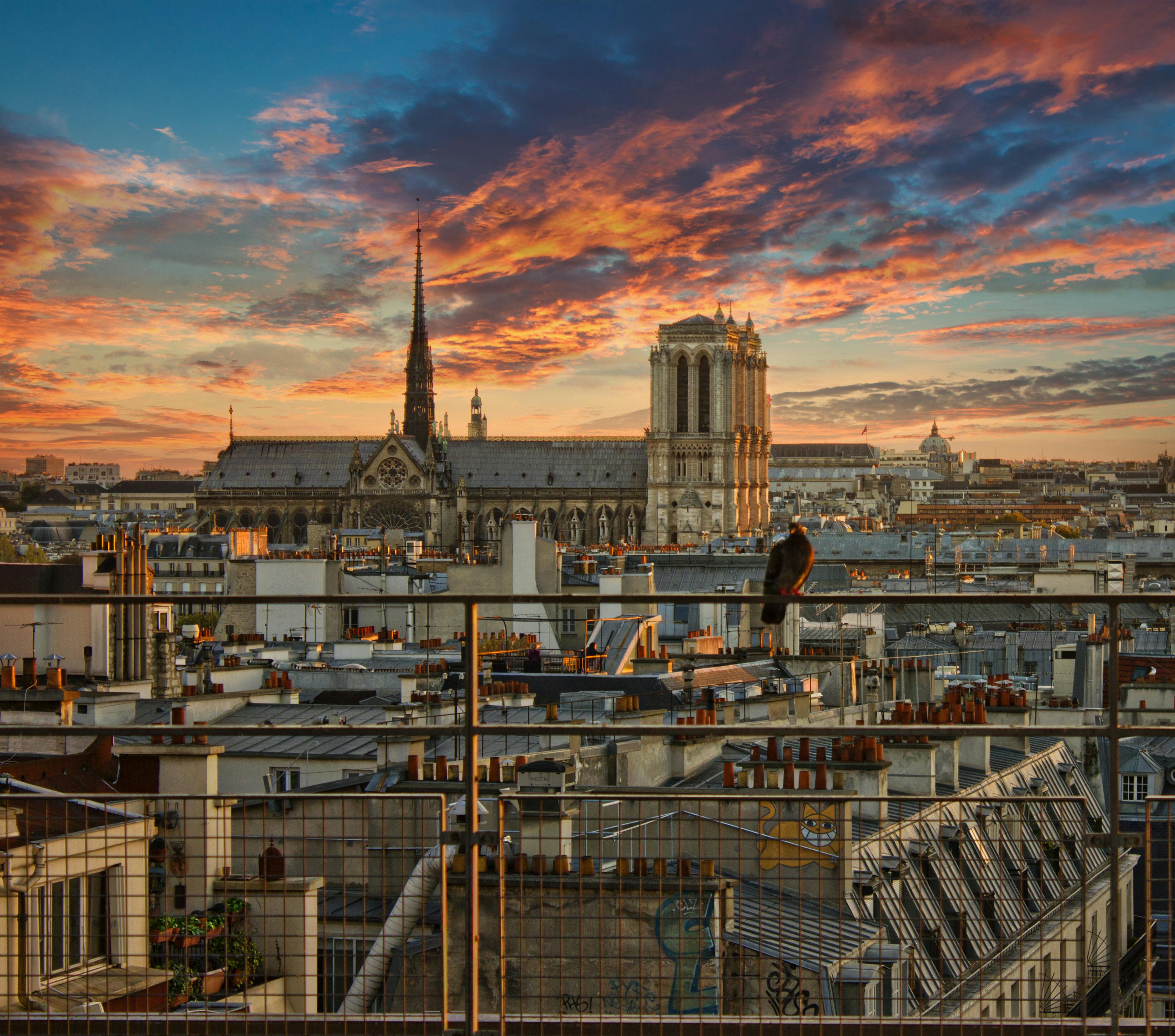 Eiffel Tower at dawn from Trocadéro esplanade, golden sunrise light reflecting in pools with empty plaza