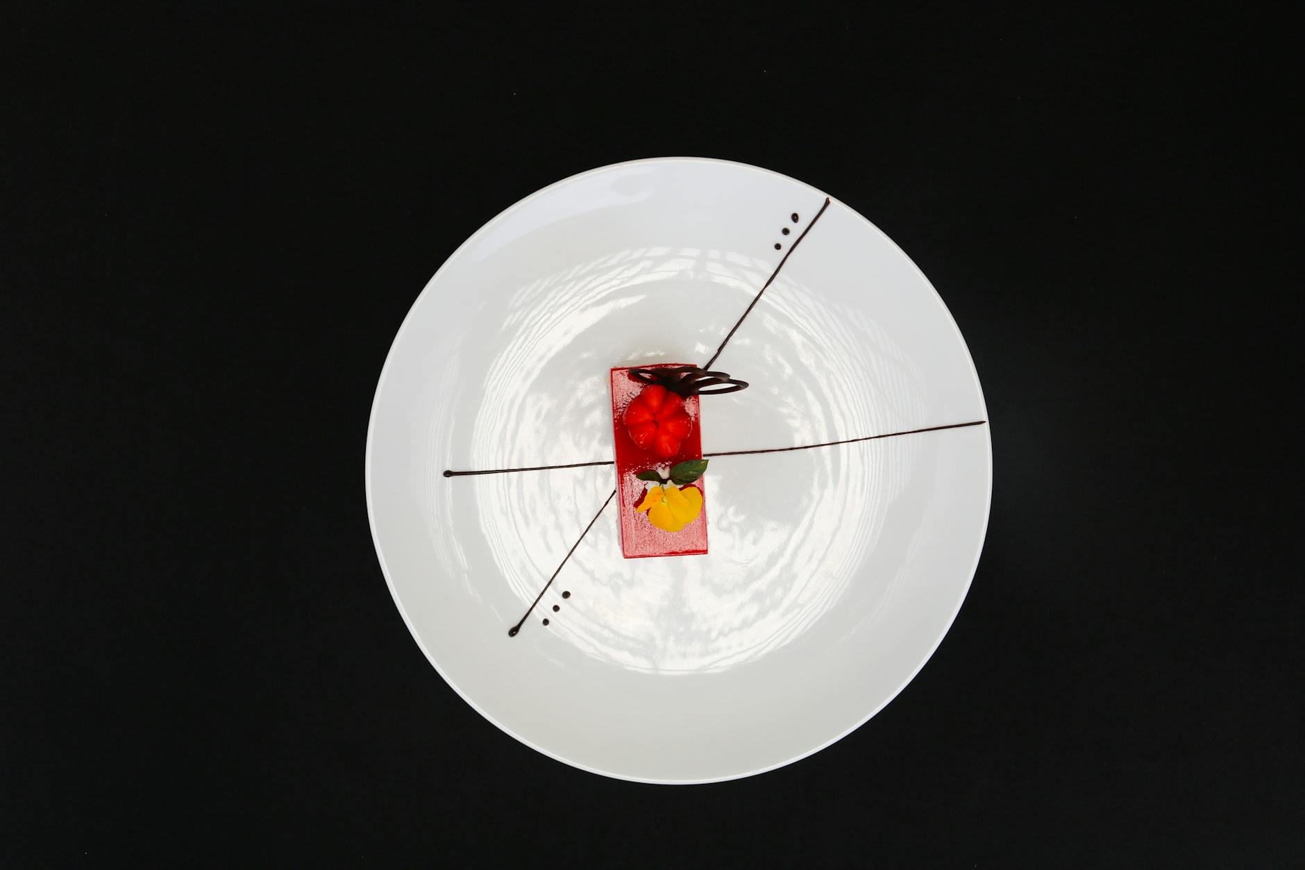 Artistic dessert arrangement on a white plate with minimalist chocolate garnish.