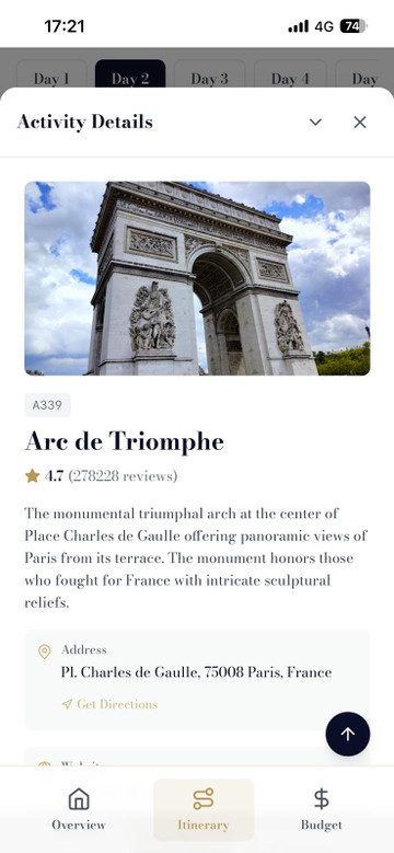 Chic Trip mobile app showing interactive daily itinerary with activities and timing