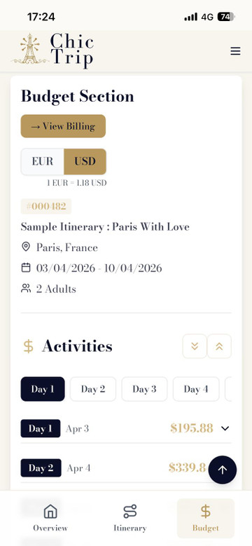 Digital wallet in Chic Trip app storing all travel tickets and confirmations