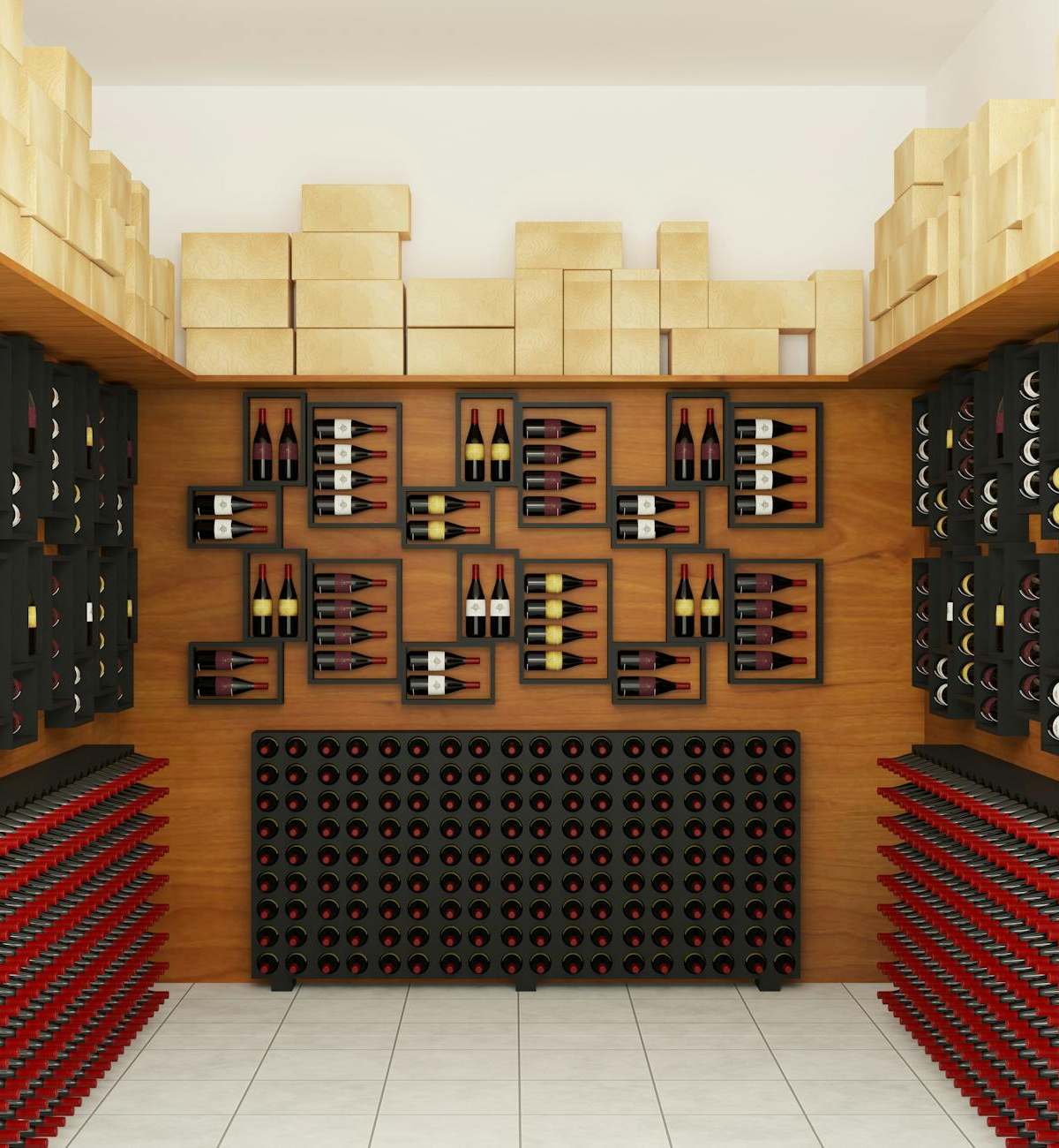 Luxurious wine cellar featuring neatly arranged bottles on wooden shelves, exuding elegance and sophistication.