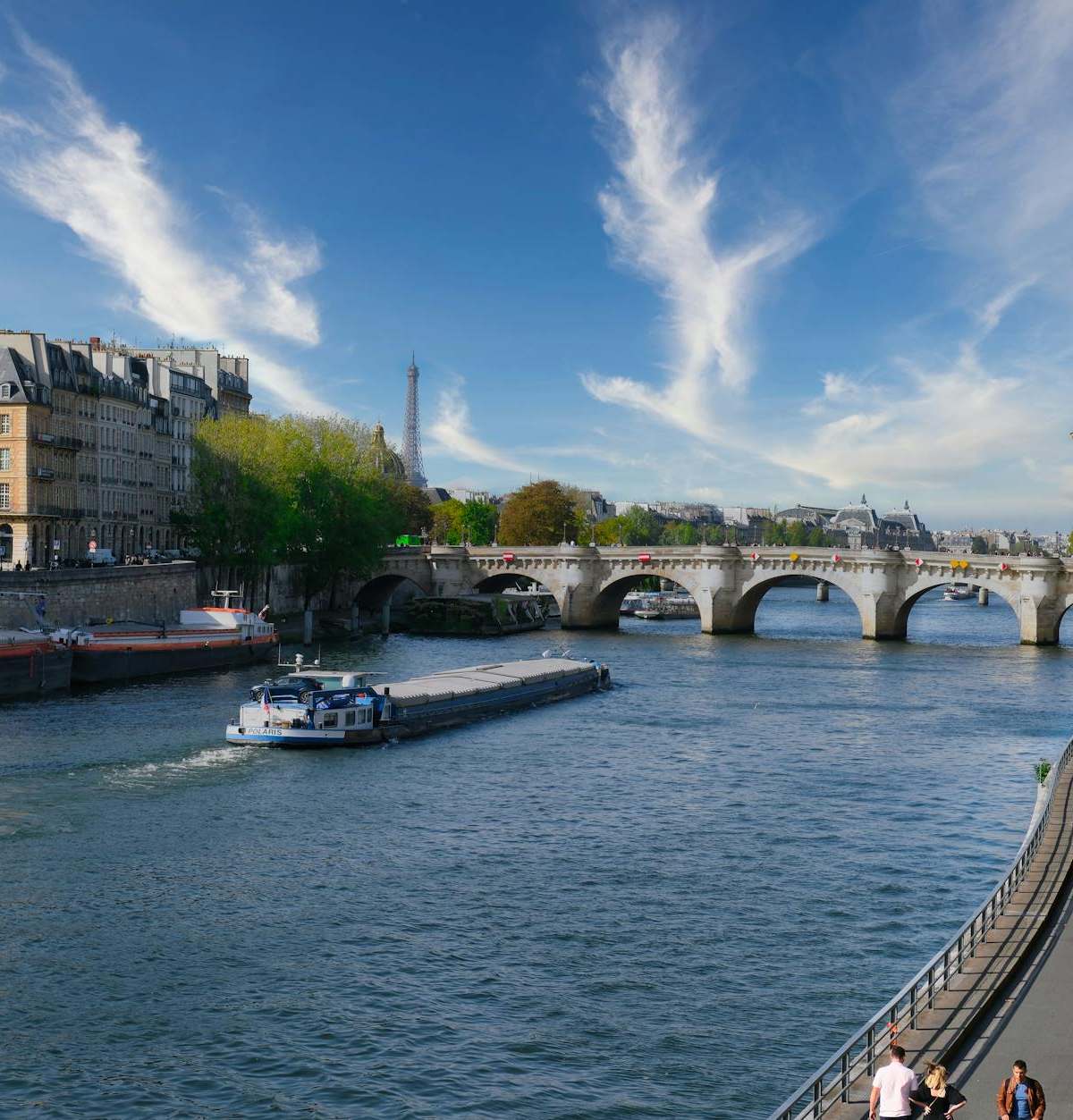 Charming Paris river scene with Eiffel Tower and historical architecture under blue skies.