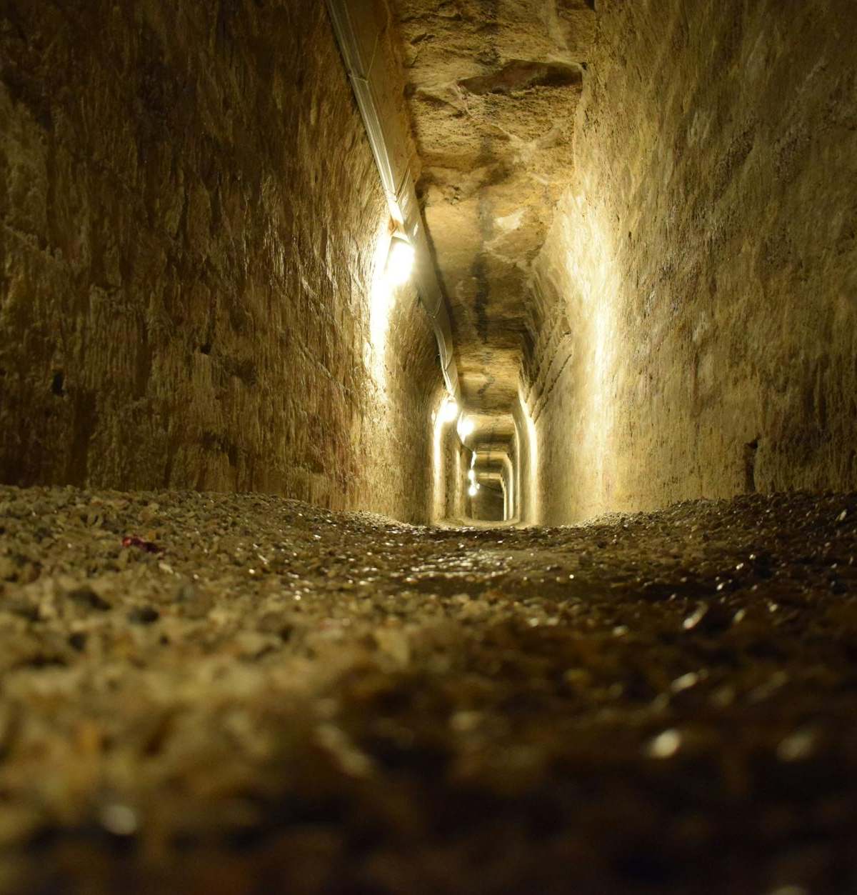 Underground limestone tunnel in Paris catacombs with skeletal remains visible along stone walls