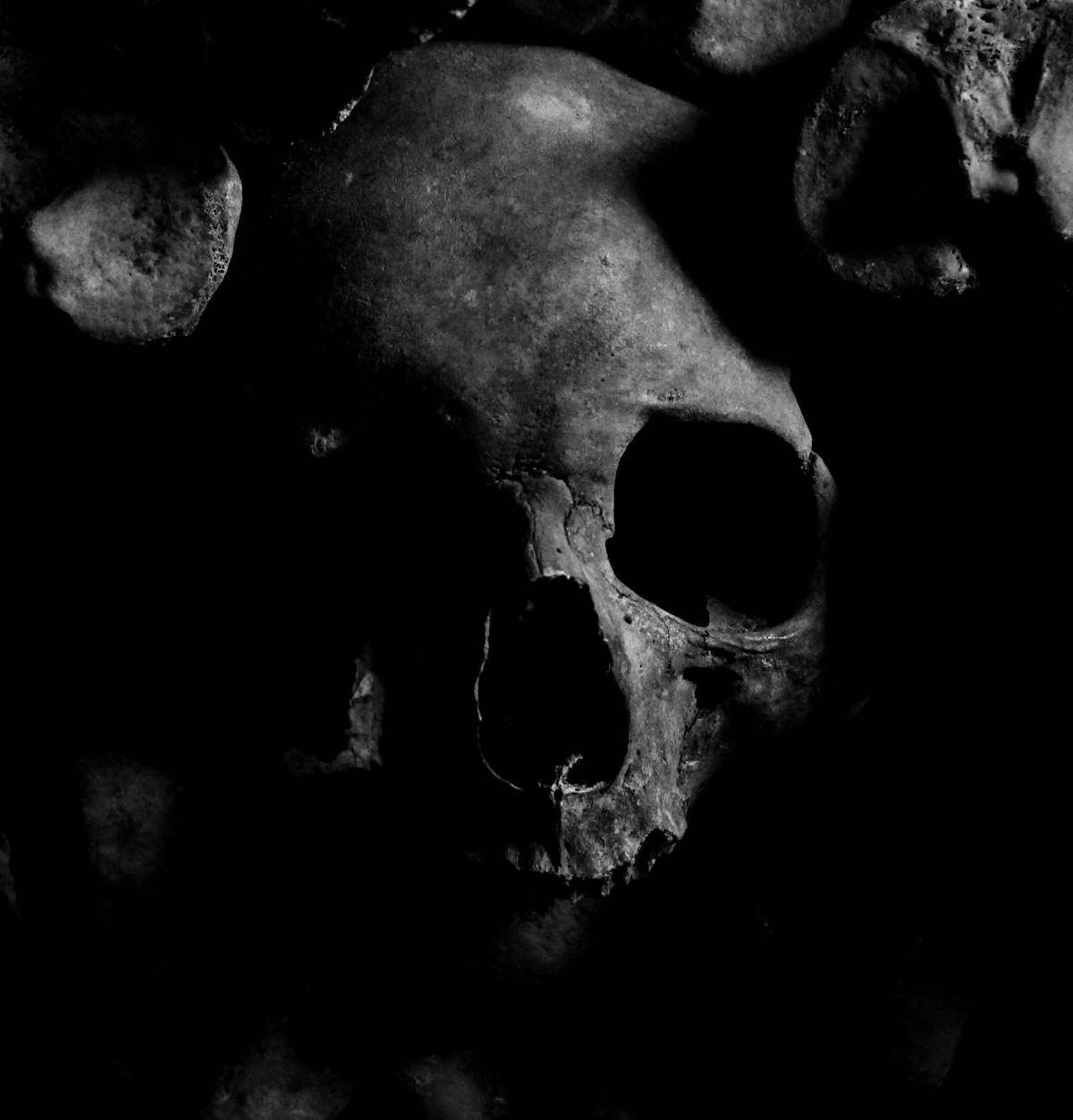 Dark eerie skull image with a moody atmosphere from the Paris Catacombs.